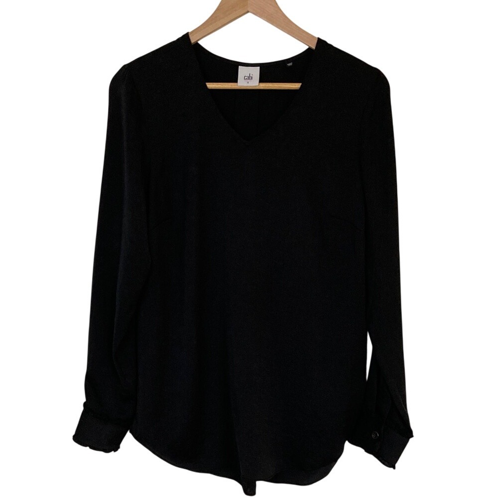 Cabi Womens Black V-Neck Long Sleeve Satin Blouse Size Small 3599 Classic
